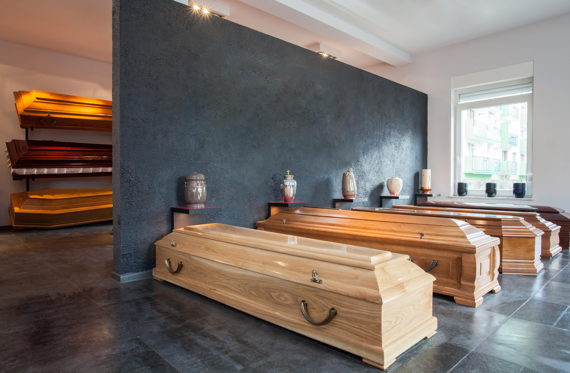 Coffins,Standing,In,Funeral,House